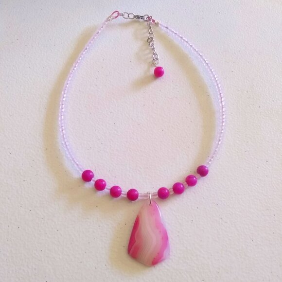 Pink & White Agate + Sugilite Choker Bib Necklace ~ Unique Feminine Girlie Boho - Picture 2 of 9